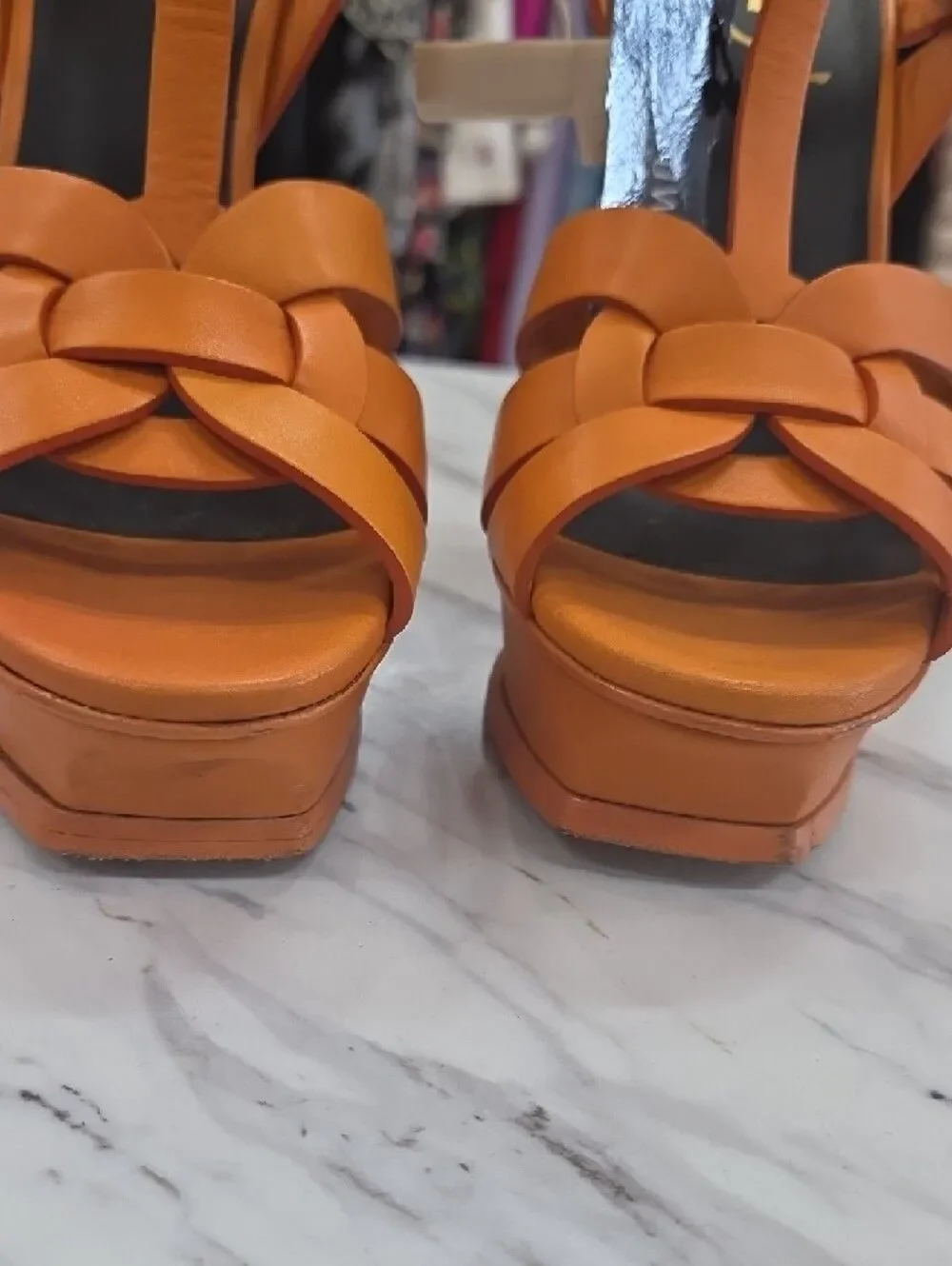 Yves Saint Laurent Orange Platform T-Strap Stiletto Sandals